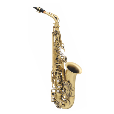 Saxofone tenor dourado com bocal preto e chaves detalhadas