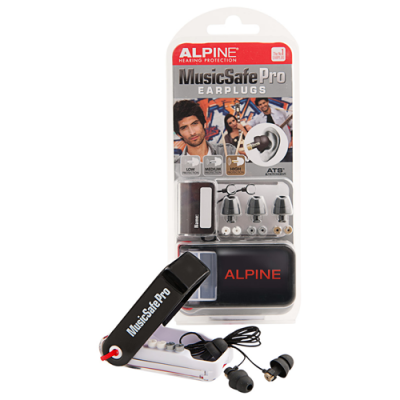 Produto Alpine MusicSafe Pro Earplugs com auriculares e acessórios em embalagem.