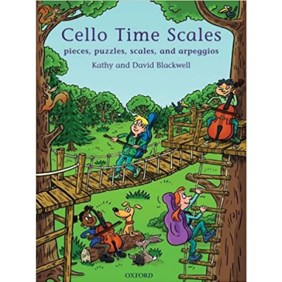 Capa de livro infantil colorida sobre escalas de violoncelo com personagens tocando violoncelo em árvores.