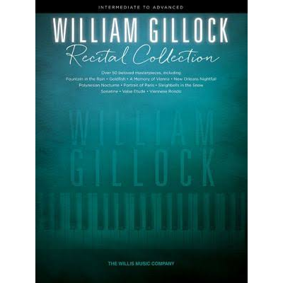 Capa de livro musical William Gillock Recital Collection com teclas de piano em fundo azul esverdeado