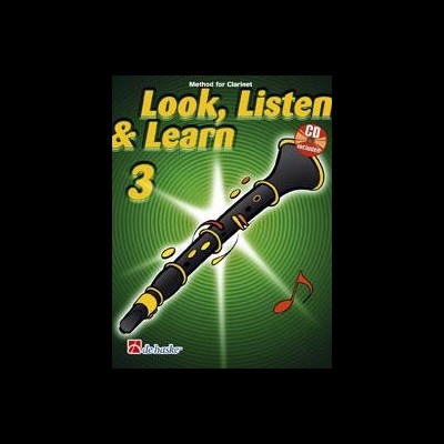 Livro educativo sobre clarinete com ilustração de clarinete preto e amarelo em fundo verde