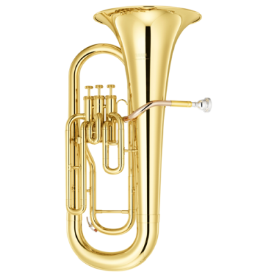 Eufónio dourado em metal polido com três pistões e bocal prateado