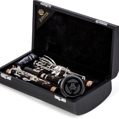 Estojo preto aberto com clarinete desmontada no interior