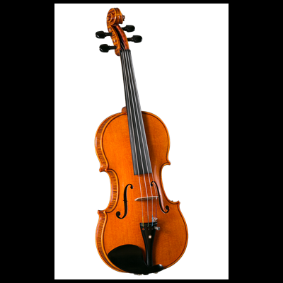 Violino em madeira com acabamento laranja brilhante e cordas pretas