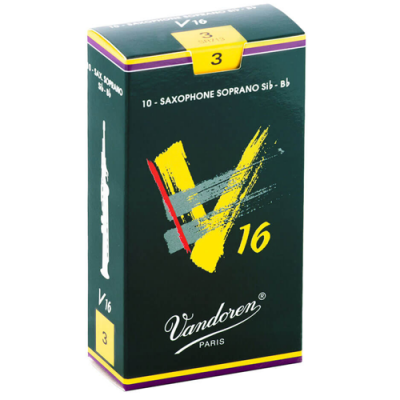 Caixa preta de palhetas para saxofone soprano Vandoren com detalhes amarelo, vermelho e cinza