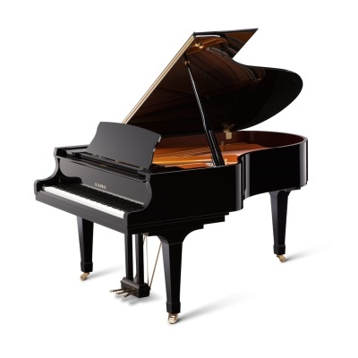 Piano de cauda preto brilhante K. Kawai com tampo aberto.