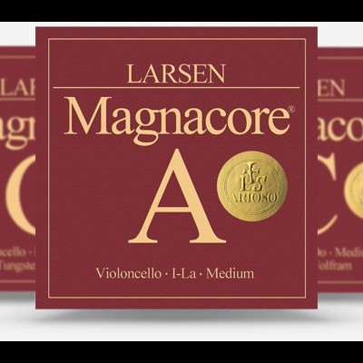 Cordas para violoncelo Larsen Magnacore A em embalagem bordô com texto dourado
