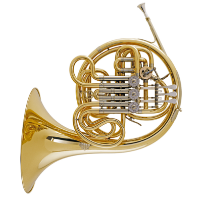 Trompa dourada de metal com válvulas e tubos curvos