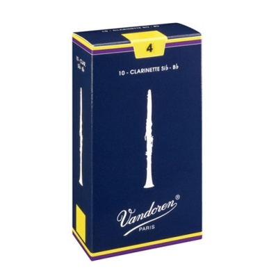 Embalagem de palhetas Vandoren para clarinete azul com detalhes amarelos e roxos