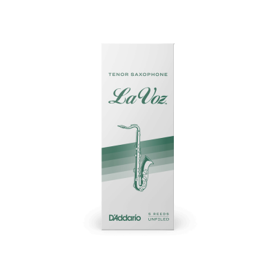 Embalagem branca com ilustração de saxofone tenor e texto em verde