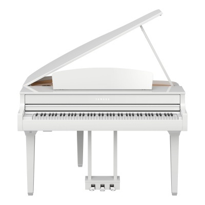 Piano de cauda branco aberto em fundo branco