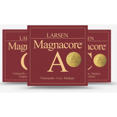 Embalagens vermelhas vinho com texto dourado de cordas de violoncelo Larsen Magnacore.