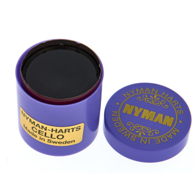 Pote de breu para violoncelo roxo com etiqueta amarela e tampa azul clara com texto dourado