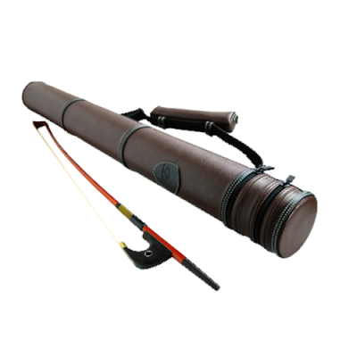 Estojo cilíndrico em pele castanha com arco para violino