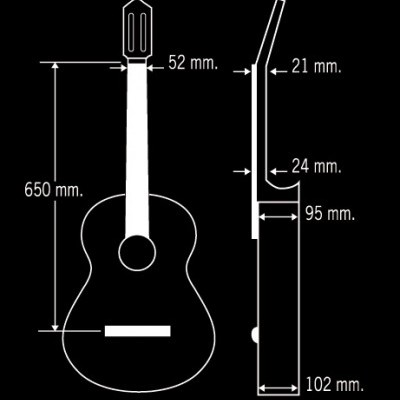 Desenho técnico com medidas de uma guitarra em fundo preto.