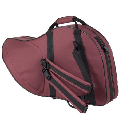 Estojo para trompa vermelho escuro com alças e fechos pretos