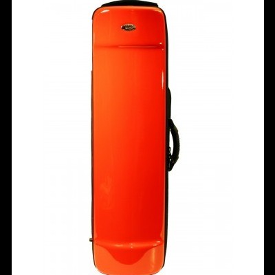 Mala rígida laranja com pega preta e placa metálica