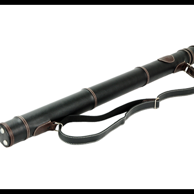 Estojo cilíndrico preto em couro com correia ajustável