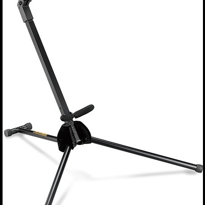 Suporte metálico preto para guitarra com apoios de espuma e tripé dobrável