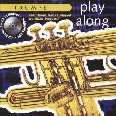 Capa de livro para aprendizagem de trompete com ilustração de trompete dourado e texto promocional