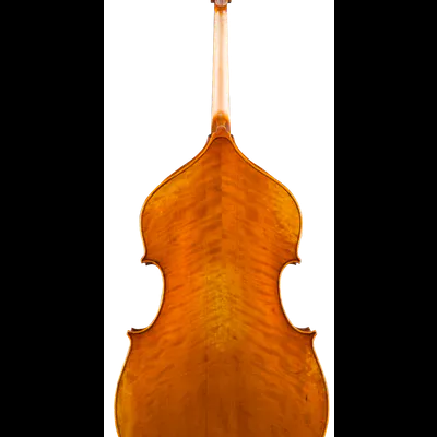 Contrabaixo acústico de madeira castanha visto por trás