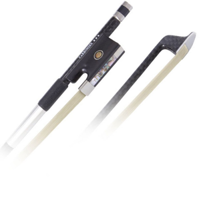 Arco para violino com cabo de madeira clara e cravelha preta com detalhes metálicos