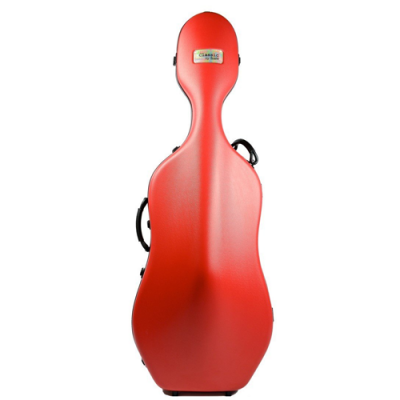 Estojo rígido vermelho para violoncelo com etiqueta Charles