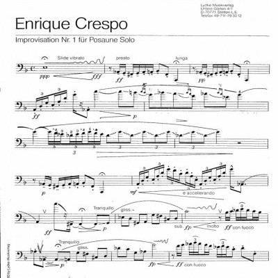 Partitura musical de Enrique Crespo para solo de trombone, com várias notas e indicações dinâmicas.