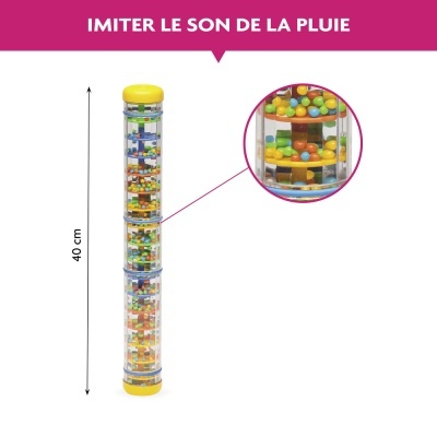 Tubo transparente com tampas amarelas e peças coloridas dentro