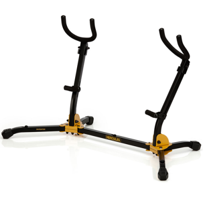 Suporte de guitarra preto e amarelo com apoios acolchoados