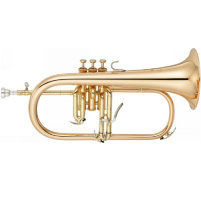 flugelhorn dourada de metal com três pistões sobre fundo branco