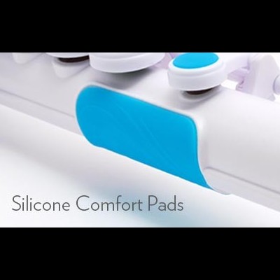 Dispositivo branco com almofadas de silicone azuis e texto Silicone Comfort Pads.