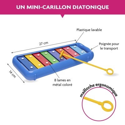 Mini-carilhão diatónico colorido com baqueta amarela e base azul