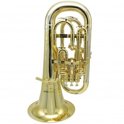 Instrumento musical tipo tuba dourada com três pistões