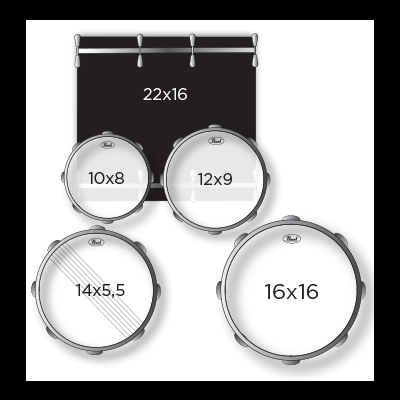 Conjunto de tambores de bateria Pearl com tamanhos indicados
