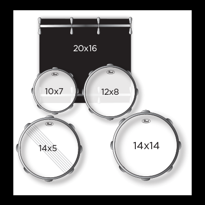 Conjunto de tambores com tamanhos e um prato retangular