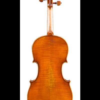 Violino de madeira castanho alaranjado visto de trás