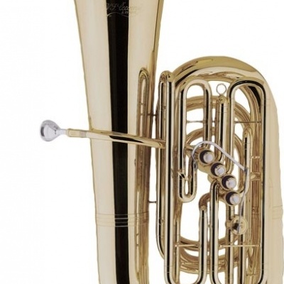 Tuba dourada com válvulas e bocal prateado em fundo branco