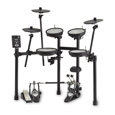 Bateria eletrónica preta com pads e pedais brancos em fundo branco