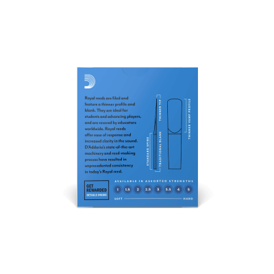 Embalagem azul de palhetas para clarinete D'Addario com texto informativo e ilustrações técnicas.