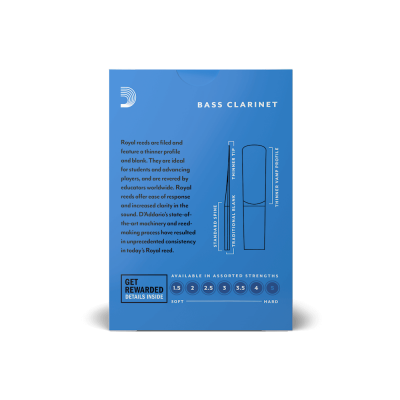 Embalagem azul de palhetas para clarinete baixo com texto e diagrama.