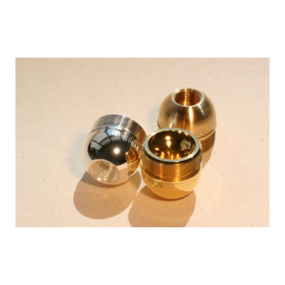 Peças esféricas metálicas douradas e prateadas com roscas internas