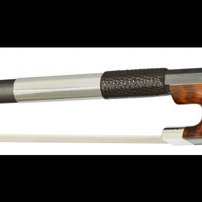 Arco de violino com madeira clara e escura e detalhe preto texturizado