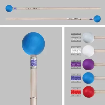 Baquetas de percussão com cabeças coloridas em borracha e etiquetas de dureza