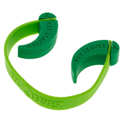 Alça verde fluorescente com extremidades verdes escuras e texto KEY LEAVES