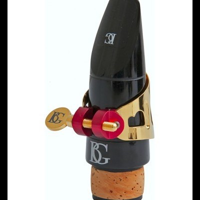 Mouthpiece de clarinete preto com ferragem dourada e parafusos vermelhos
