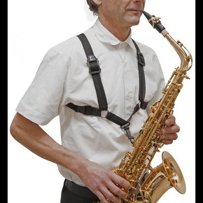 Homem a usar arnês preto para saxofone e a segurar saxofone dourado