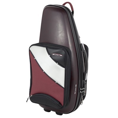 Mala rígida bordeaux para instrumento musical com bolso frontal em tecido preto e branco