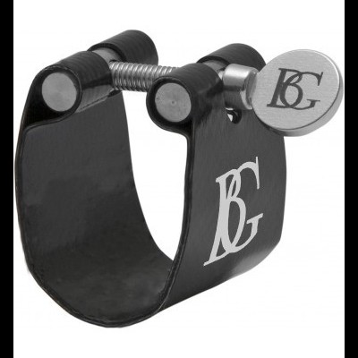 Abraçadeira preta para instrumento musical com parafuso de ajuste e logotipo BG