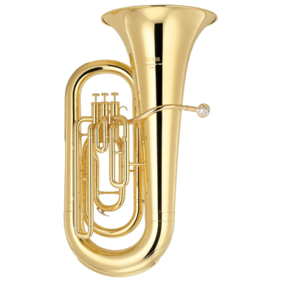 Tuba dourada com três pistões sobre fundo branco